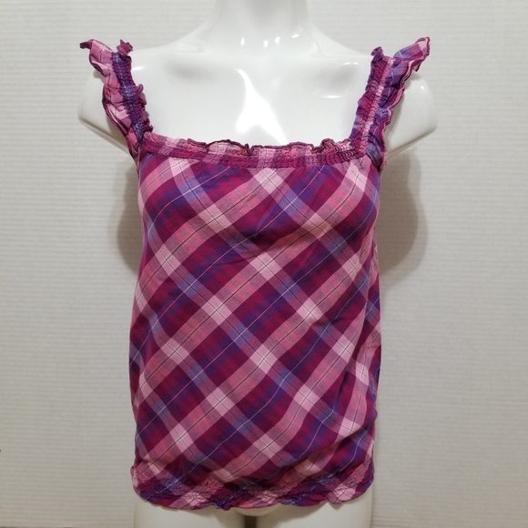 OP top Small plaid ruffle sleeveless peasant boho 100% cotton summer - Picture 1 of 12
